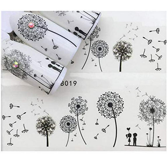 Full Sheet Black Dandelion Flower Lovers Nail Stickers - Salon Quality Nail Art Nail Wrap Nail Decals - 1 Sheet