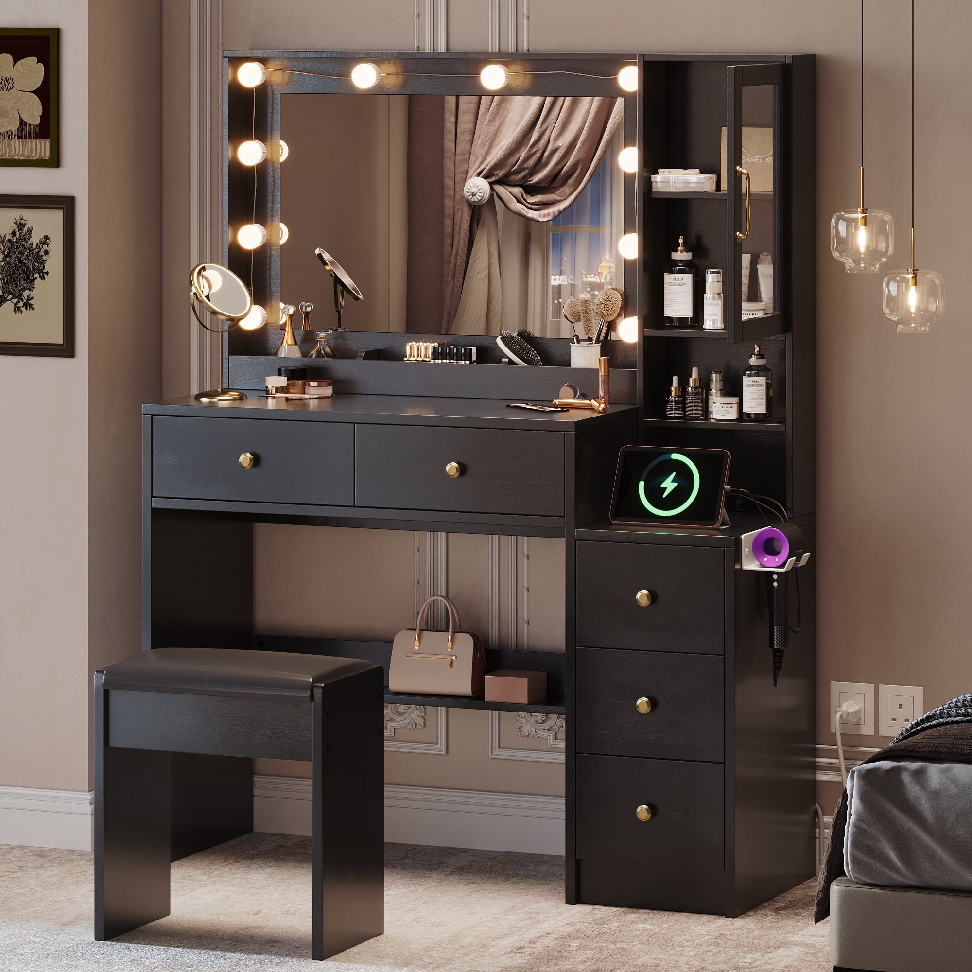 UGTOO 35.4" Modern Makeup Vanity Set with LED Lights & Charging Hub - Black/Wood Dressing Table, 5 Drawers, Stool, Convertible Desk for Small Spaces