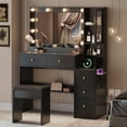 thumbnail image 2 of UGTOO 35.4" Modern Makeup Vanity Set with LED Lights & Charging Hub - Black/Wood Dressing Table, 5 Drawers, Stool, Convertible Desk for Small Spaces, 2 of 12