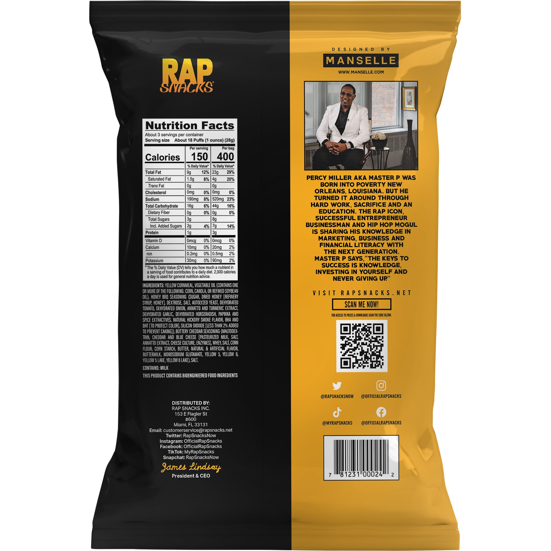 Rap Snacks Master P Bar-B-Quin' with My Honey Cheese Puffs, 2.5 oz Aluminum Bag