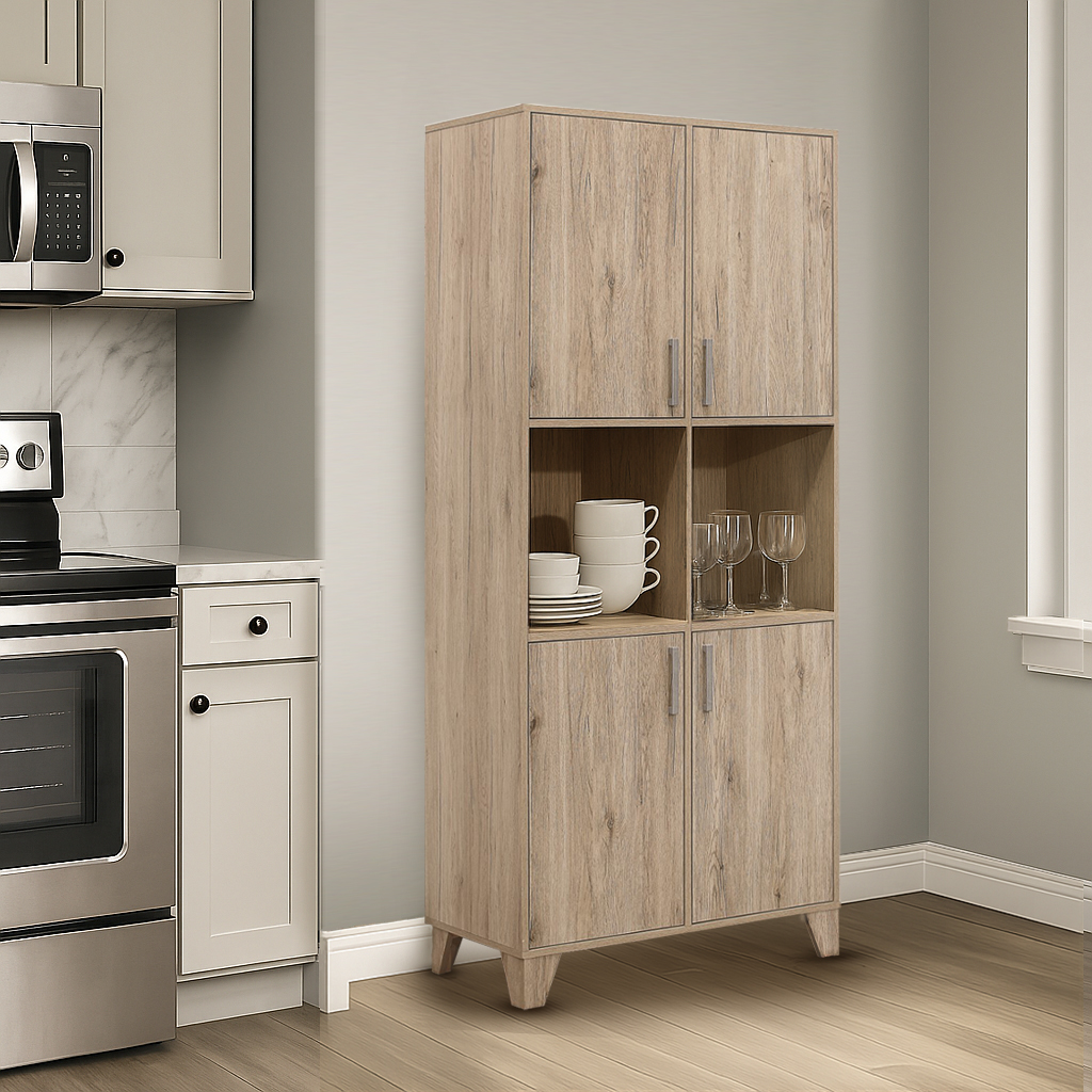 Home Design Stella Kitchen Storage Cabinet with 2 Open Shelves, 4 Doors, Metal Handles, and Wooden Legs, Modern Rectangular Design for Organized Living Space, Light Oak
