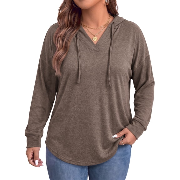 WellSize Plus Size Hoodies for Women V Neck Pullover Sweatshirts Drawstring Long Sleeve Tops Loose Fit Fall Outfits