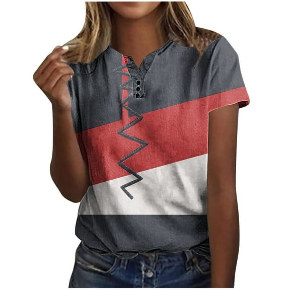 WXLWZYWL Womens Summer Tops Casual Printing Shirts Short Sleeve Loose Tee Tops V Neck Blouse Gray