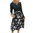 thumbnail image 4 of Xuanfei Women Round Neck Floral Print Hollow Out Tie Waist Long Sleeve Midi Dress, 4 of 7