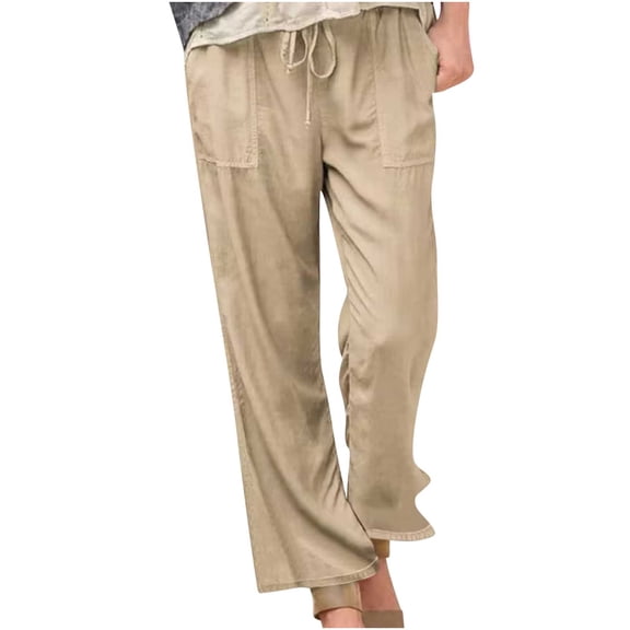 Zekutng Womens Pants Spring and Solid Color Elastic Waist Cotton Linen Versatile Straight Tube Casual Wide Leg Pants,Sizes S-5XL