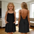 thumbnail image 2 of Xudanell Backless Cami Dress Girls Open Back Mini Linen Dress Spaghetti Strap Summer Beach Vacation Flowy Sundress for Kids (Black, 9-10 Years), 2 of 5