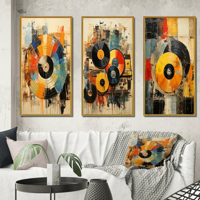Designart "Vintage Vinyl Records II" Music Framed Wall Art Set Of 3 - Multi-Color Vinyl Records Frame Gallery Wall Set For Home Decor