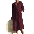 thumbnail image 2 of Women's Loose Fit Cotton Linen Midi Dress Round Neck Button Down 3/4 Sleeve Casual Vacation Outfit with Pockets Flowy Lightweight Party Wear Stylish Chic Solid Color Wine M, 2 of 4