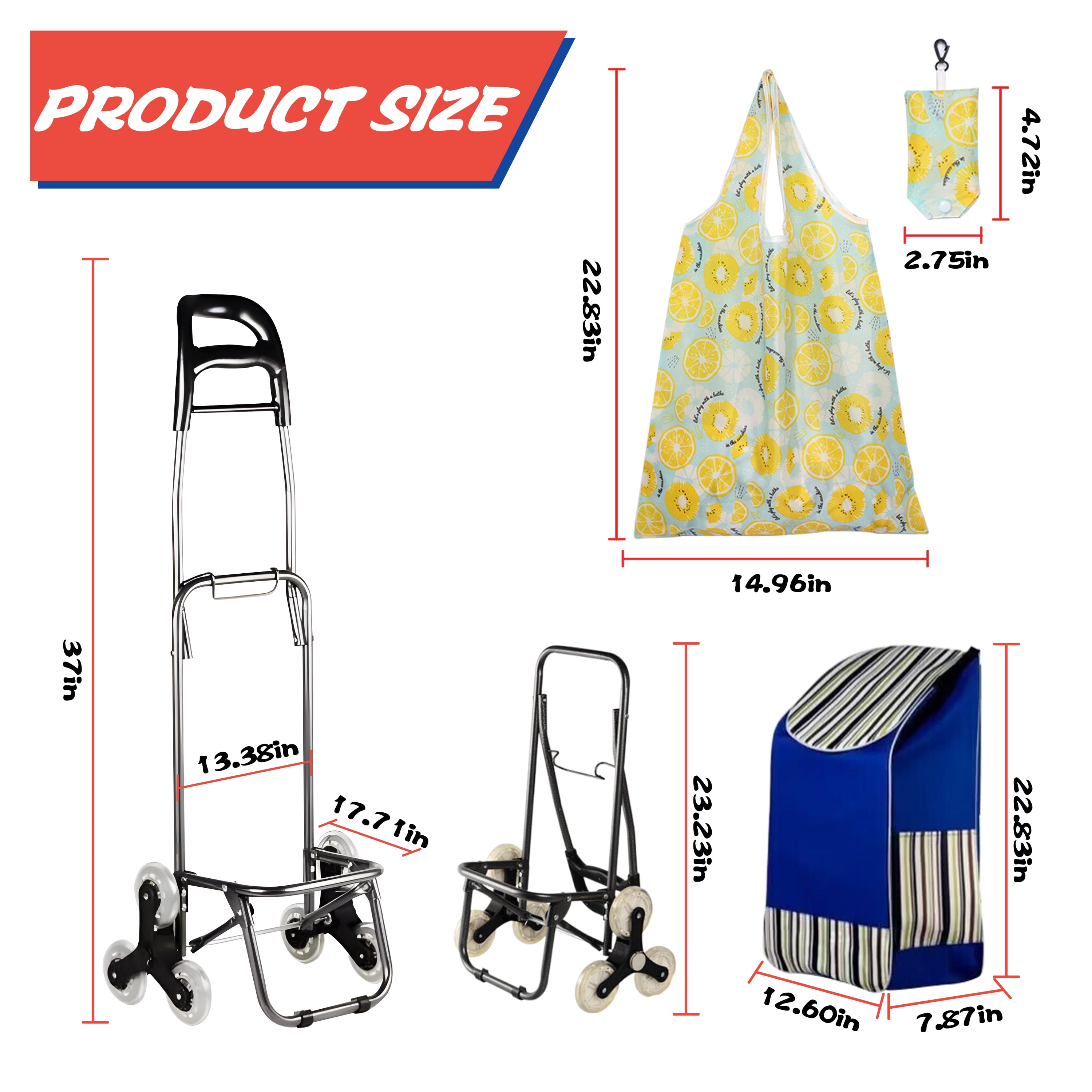 WZCPCV Foldable Stairs Climber Shopping Cart, Grocery Cart on Wheels,Heavy Duty Utility Cart Trolley, 2-in-1 Tri-Wheels Climbing Carts with Detachable Oxford Bag,Blue