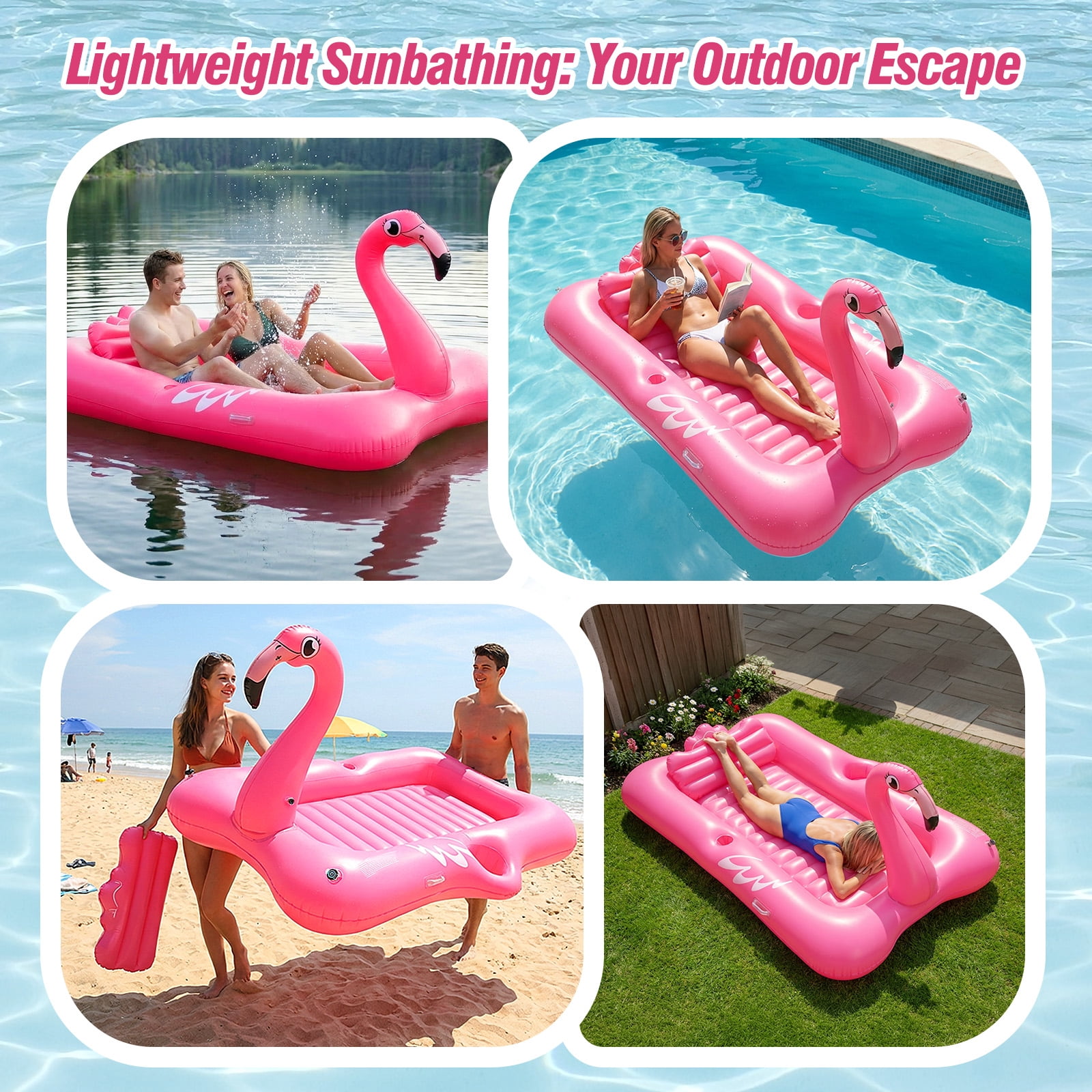 MoKo Flamingo Inflatable Tanning Pool Lounger, 83x50 Inch Blow Up Tanning Bed with Pillow & Cup & Snack Holder, Layout Sunbathing Pool Floats for Backyard Lake Beach River Party, Magenta