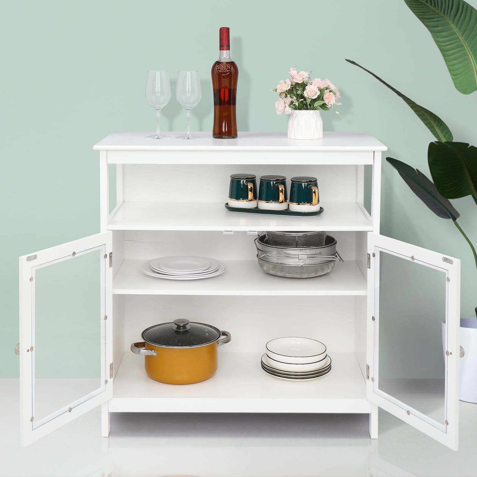 Kepooman Contemporary Sideboard, Transparent Double Doors Buffet Credenza With Middle Storage Layer MDF NC Spray Paint Sideboard, White Kepooman Contemporary Sideboard, Transparent Double Doors Buffet Credenza With Middle Storage Layer MDF NC Spray Paint Sideboard, White