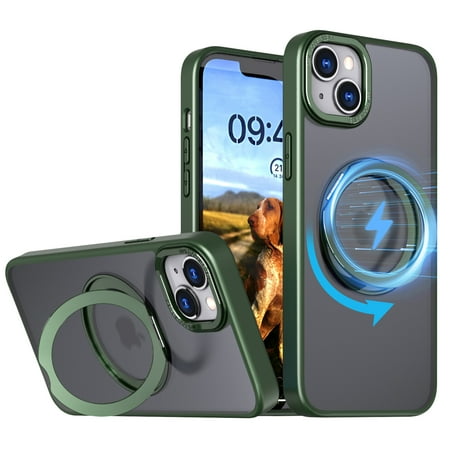 Magnetic Phone Case for iPhone 15 Case, Phone Case with Magnetic Invisible Stand Kickstand Ring Holder Slim Thin Shockproof Anti-fall Translucent Bumper Women Men Cover Case,Green
