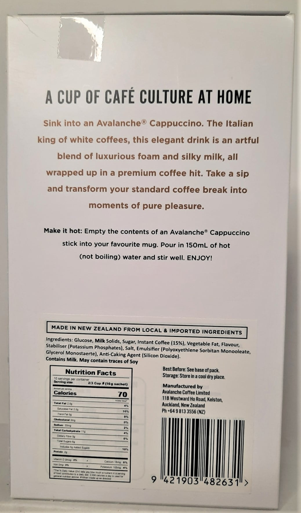 Avalanche Cappuccino Caf Style specialty sweet coffees give you that velvety smooth decadent coffee break in a cup. 10 packets per 5.64 oz. box
