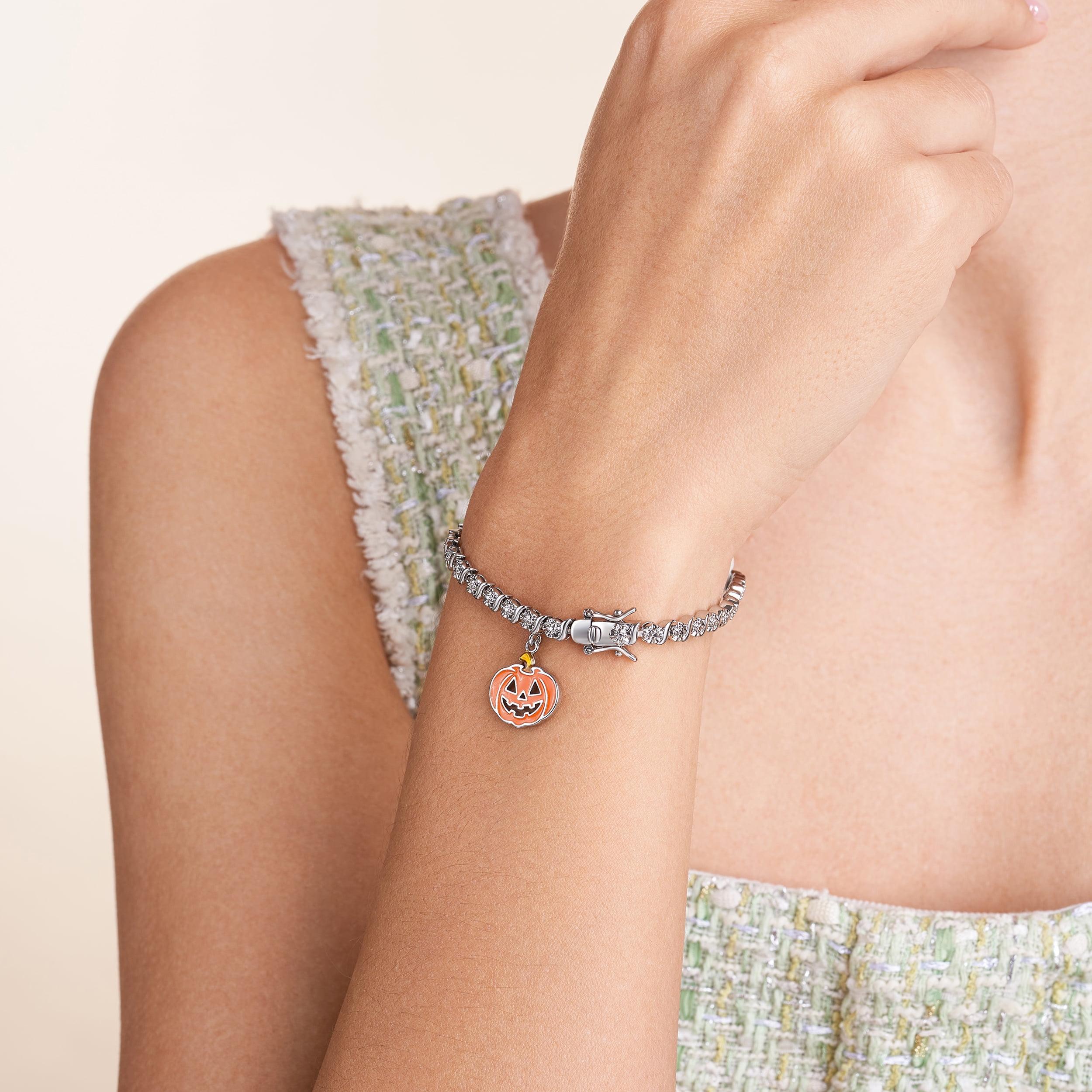 Fine Silver Plated Diamond Accent "S" Link Tennis Bracelet With Enamel Halloween Pumpkin Charm 7.25"