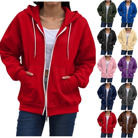VBVC Women's Oversized Full Zip Hooded Sweatshirt , Thumbhole Drawstring Jacket For Women , Ladies' Basic Fall Hoodie with Pockets, Red , S-2XL