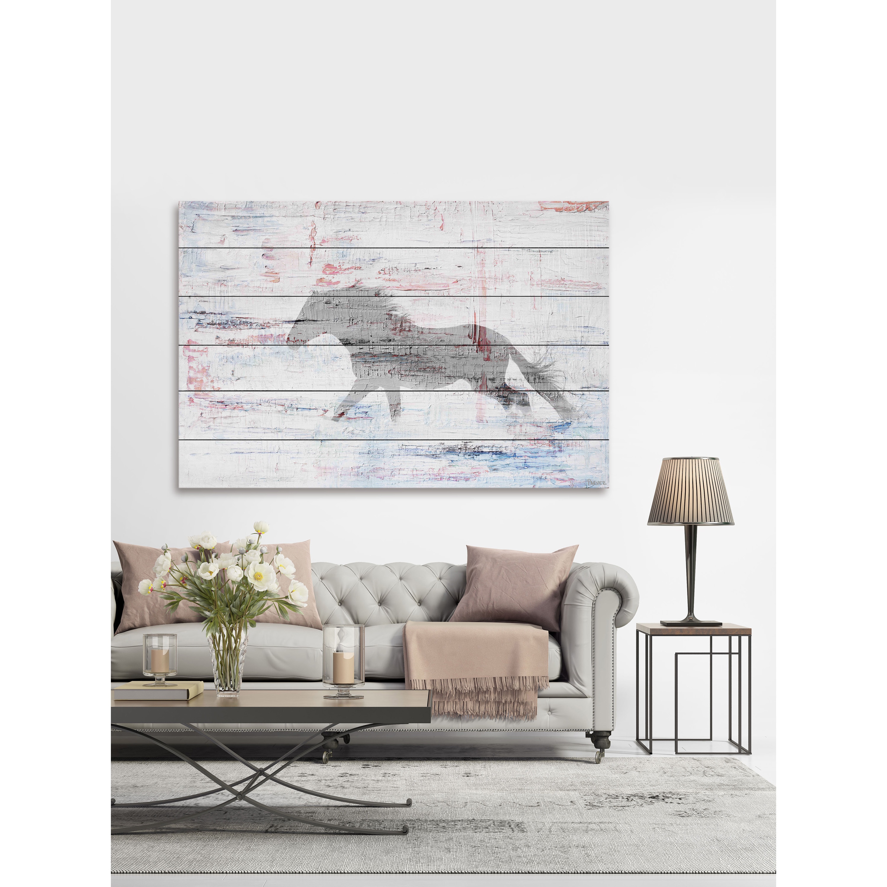 "Grey Horse Trot" Painting Print on White Wood