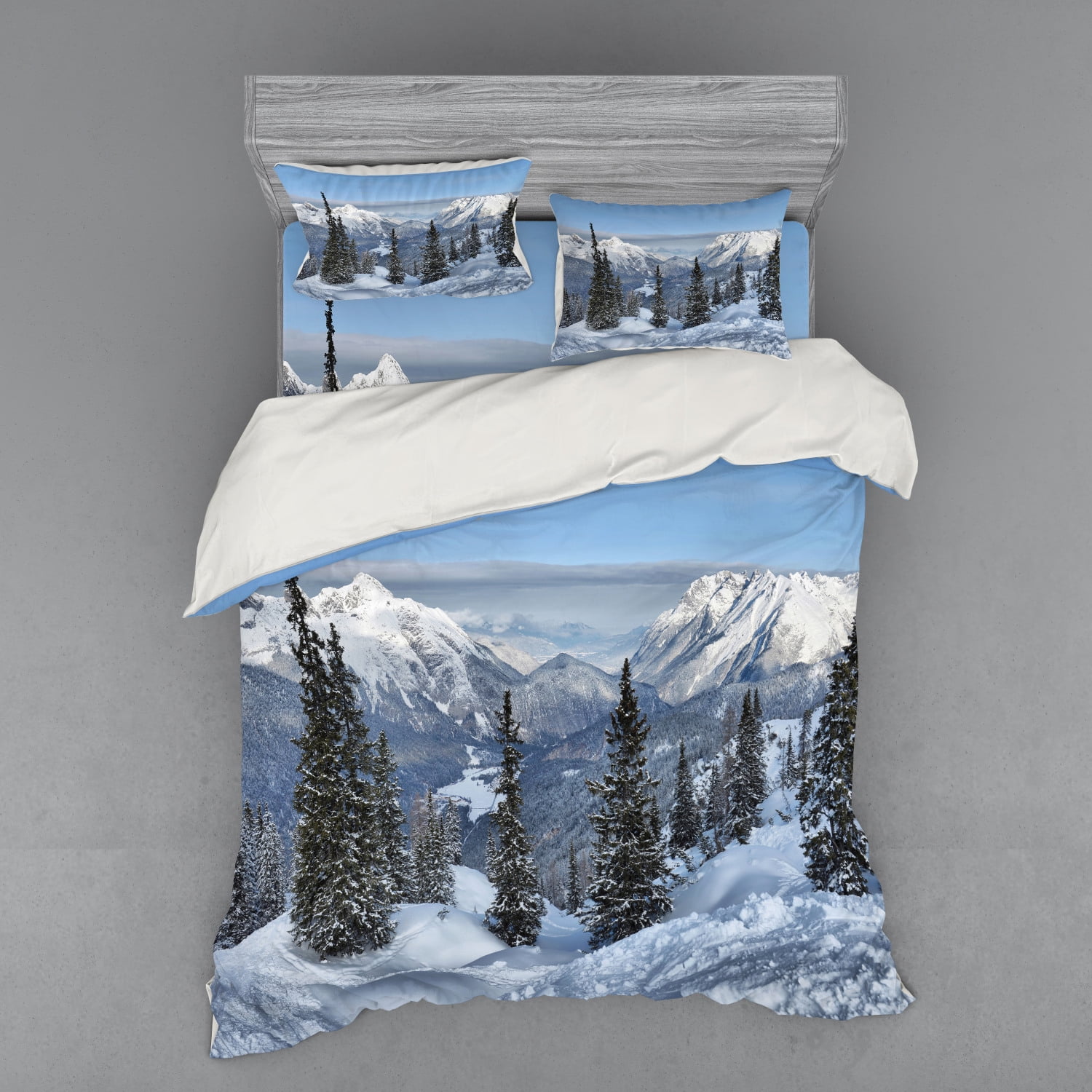 Winter Duvet Cover Set, Epic Cold Landscape Snowy Pine Trees in