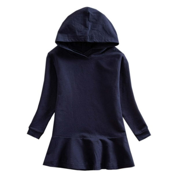 Odeerbi Niñas Sudaderas Con Capucha Vestido Plisado Sudadera de Algodón Vestido Color Sólido Manga Larga Vestido Suelto