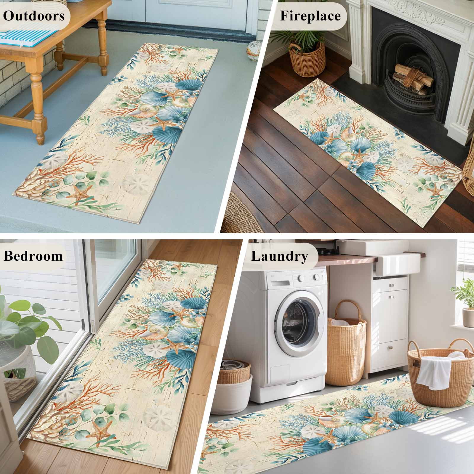 Kitchen Runner 2 x 6 Ft, Beige Beach Coastal Non-Slip Residential Carpet, Summer Nautical Coral Shell Botanical Indoor Crawling Mats Runner Rugs for Living Room/Dining Room/Bedroom