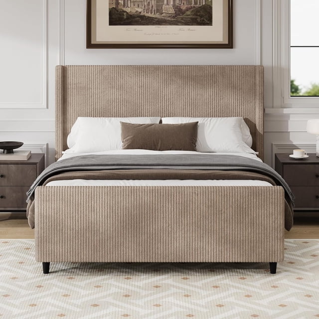 Queen Size Upholstered Platform Bed Frame, Wingback Bed with 50.7" Headboard, Corduroy/Solid Wood Leg/No Box Spring Needed/Noise Free/Taupe