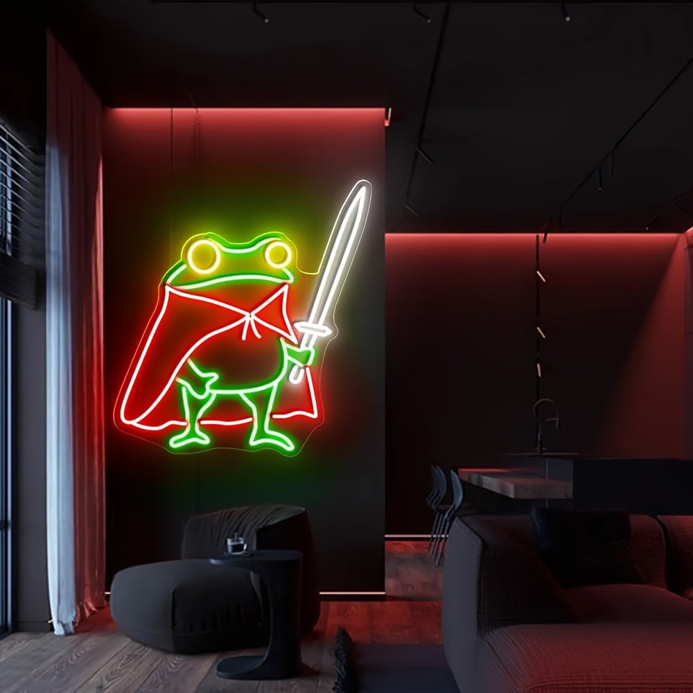 USB-powered Frog Prince neon sign with sword & cape. Vibrant green glow, durable plastic, easy mount. Perfect for kids' room or play area decor.