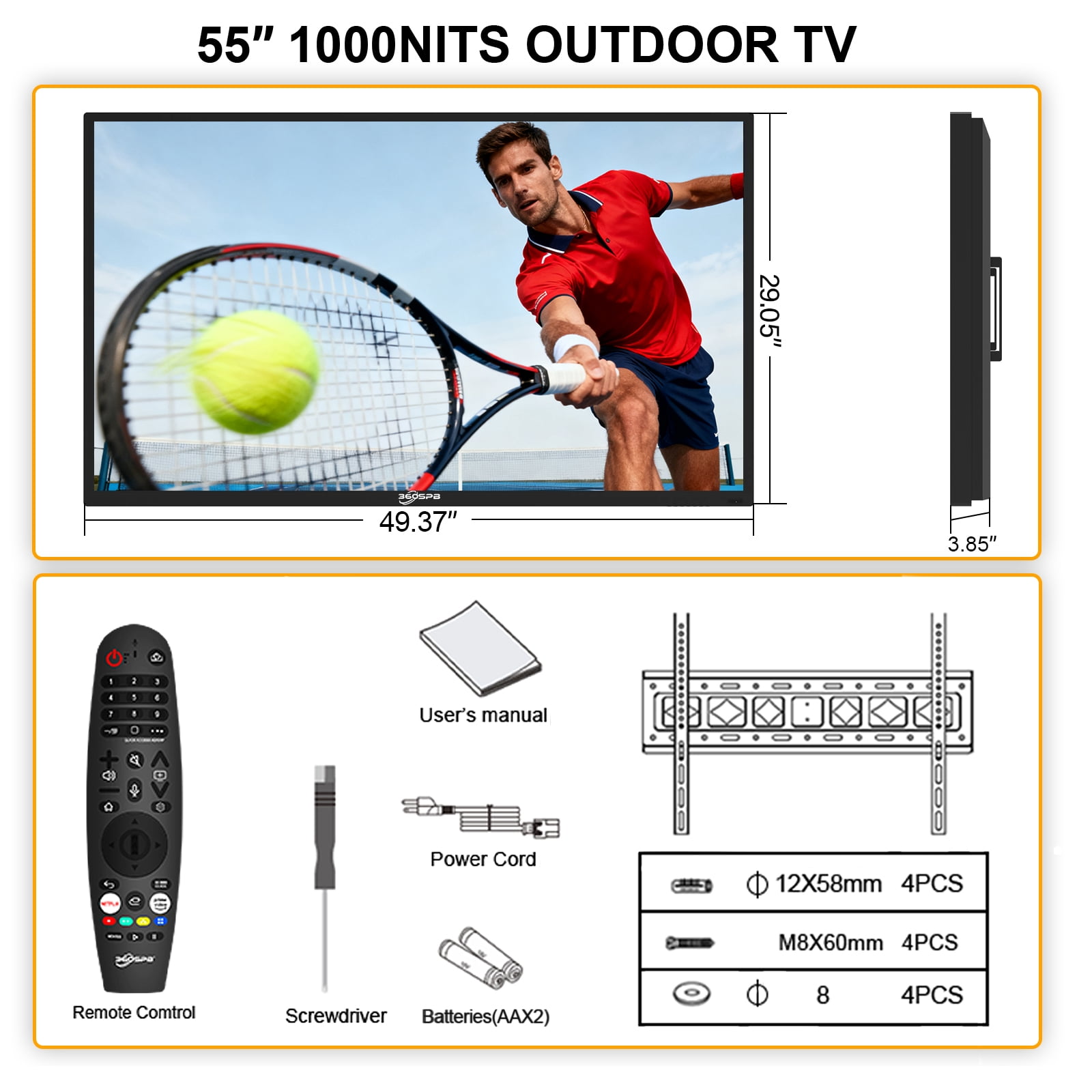 Pyimgus 55 Inch Outdoor TV, 4K Weatherproof Outdoor Smart TV, 1000nits High Brightness Outdoor TVs, IP65 Waterproof TV, Voice Assistant Remote, Compatible with Dolby, Suitable for Partial Sun