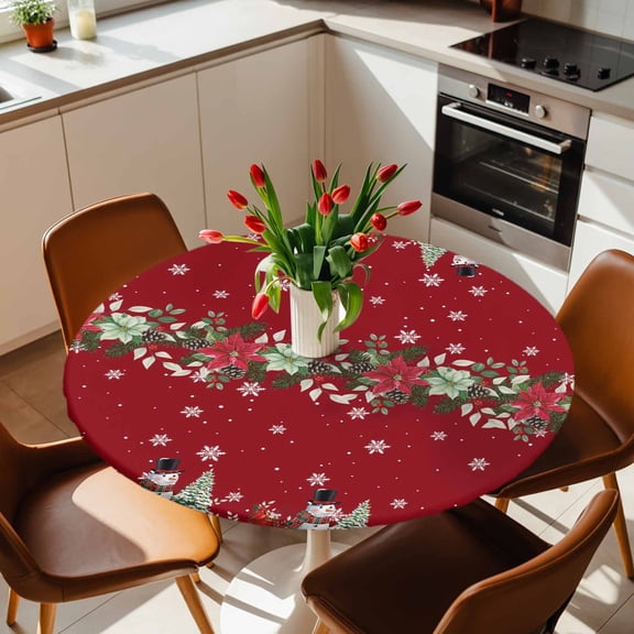 Round Fitted Tablecloth with Elastic Edge, Winter Snowflake Snowflake Fitted Table Cloth for Round Tables 36-44in, Christmas Tree Poinsettia Waterproof Tablecloth for Outdoor Picnic Party