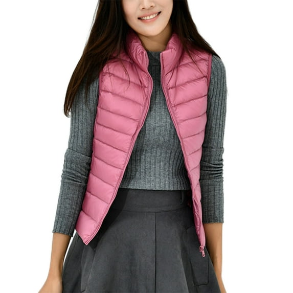 Cindysus Women Down Jackets Sleeveless Outwear Long Sleeve Puffer Vest Casual Work Stand Collar Waistcoat Pink S
