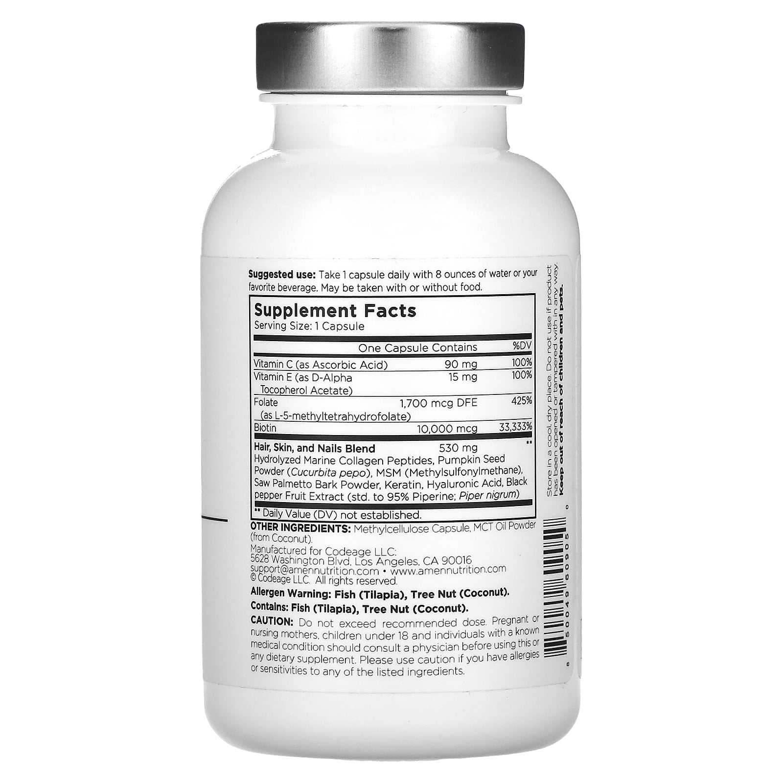 Amen Biotin Collagen Peptides, Vitamins C & E, Folate, Keratin, Hyaluronic Acid, Hair & Skin, 90 ct
