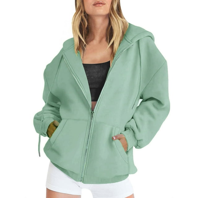 Women's Fall Jacket Oversized Pocket Sweatshirt Casual Drawstring Clothing Zipper Track Jacket Solid Color Long Sleeve Hooded Top