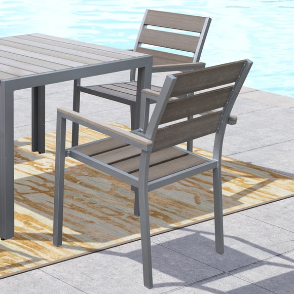 CorLiving Gallant Aluminum and Poly-Wood Slatted Stackable Outdoor Dining Chairs, Grey (Set of 2)
