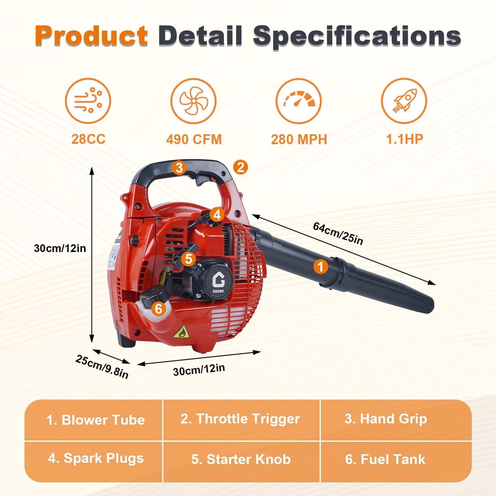 Danolapsi Handheld Gas Leaf Blower, 28cc 1.1 HP 2-Cycle 490 CFM 280 MPH, Powerful Clearing Performance and Ergonomic Design,Handheld Light Weight for Lawn Care