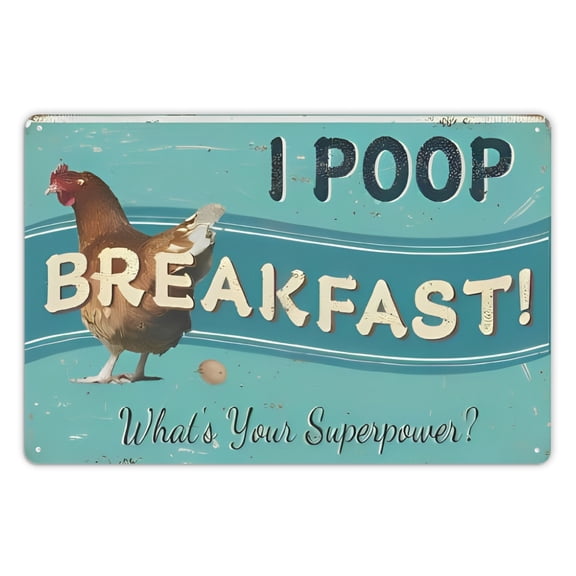 Farm Fresh Eggs Metal Sign – Funny "I Poop Breakfast, What's Your Superpower?" Chicken Coop Wall Decor, Rustic Blue & White Distressed Design, Perfect Gift for Home or Outdoor Use 8x12 Inch