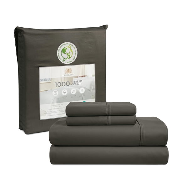 1000 Thread Count Queen Size Bed Sheet Set - Charcoal Egyptian Cotton Blend, Deep Pocket Sheets, Sateen Weave, Luxury Hotel Quality Bedding (Queen, C