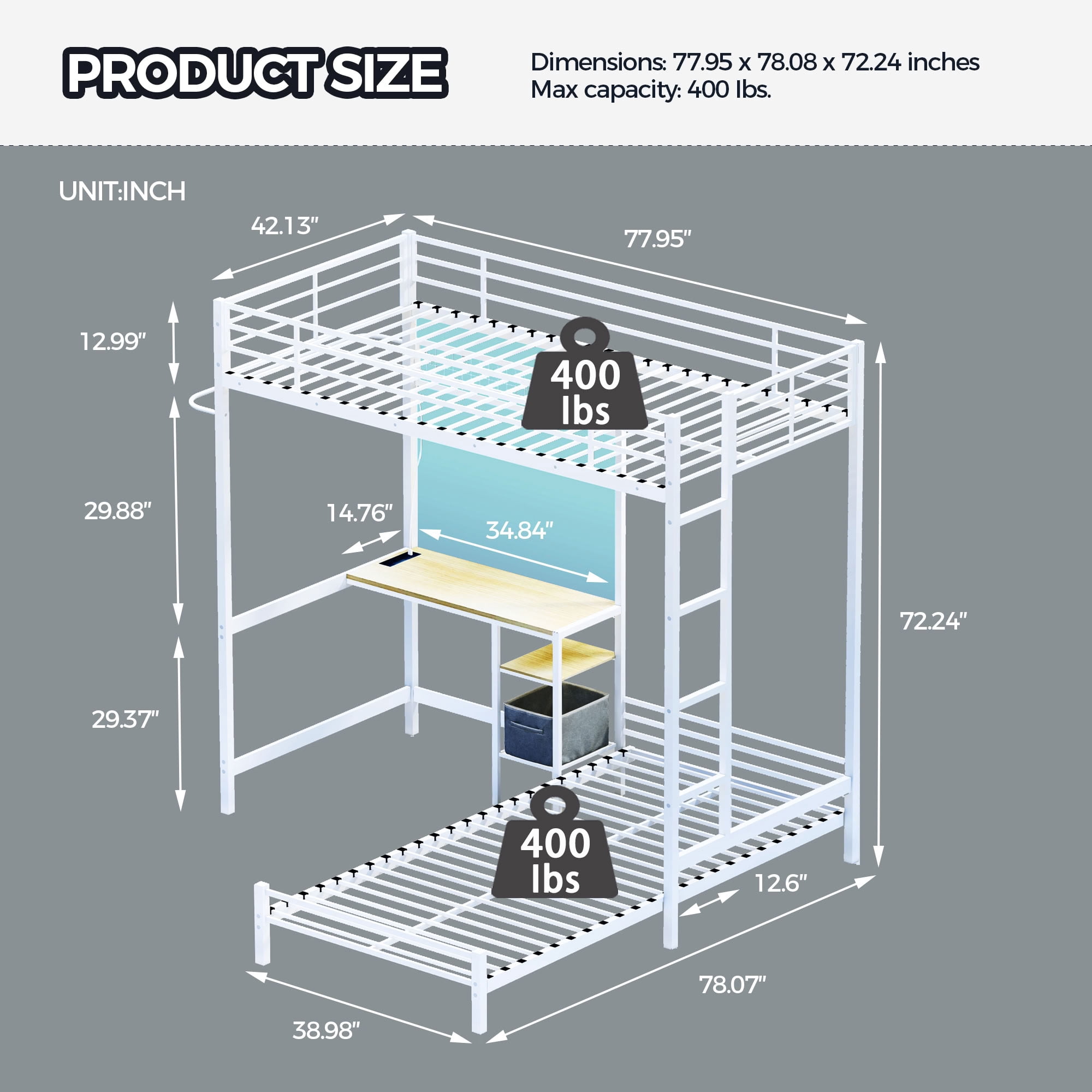 MAYEERTY Twin Over Twin Metal Bunk Bed with Desk and Trundle, Heavy Duty Bed Frame with High Guardrails and Ladder, Space-Saving for Kids Teens Adults Dorm, White