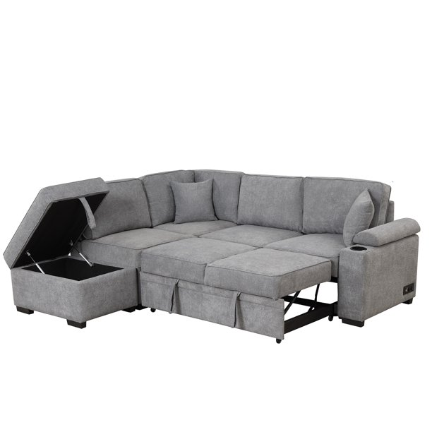 Churanty Sleeper Sectional Sofa Pull Out Bed Upholstery Reversible Couch with Hidden Arm Storage