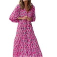 thumbnail image 5 of Puff Sleeve Dress Women Loose Casual V Neck Floral Print Holiday Sundress Plus Size Tiered Maxi Long Dress XS-5XL (X-Small, Hot Pink), 5 of 5