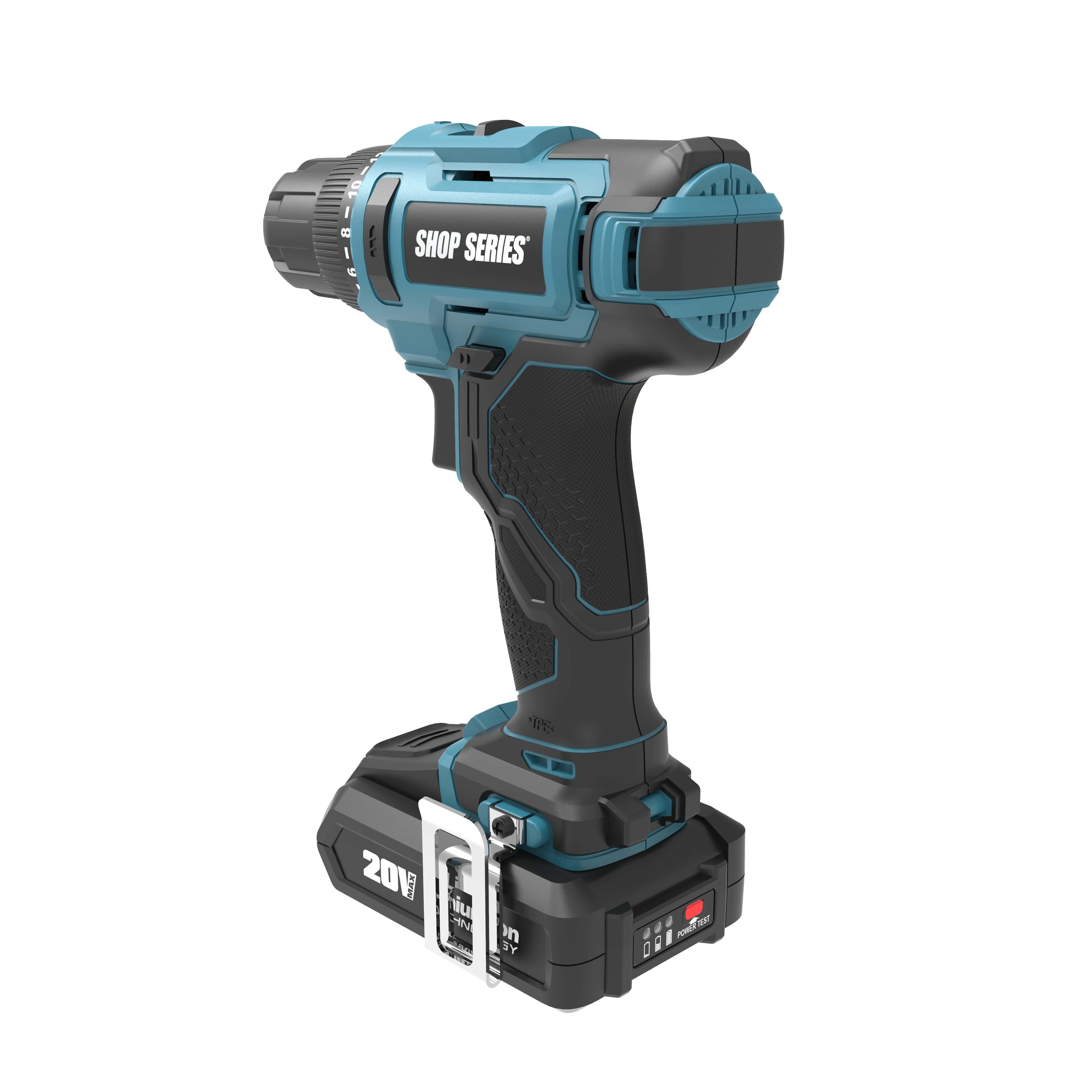 Shop Series SS2388 20V Battery Powered Cordless Drill Driver 2 Ah 3/8 in Chuck with Bit Set Battery and Charger Included