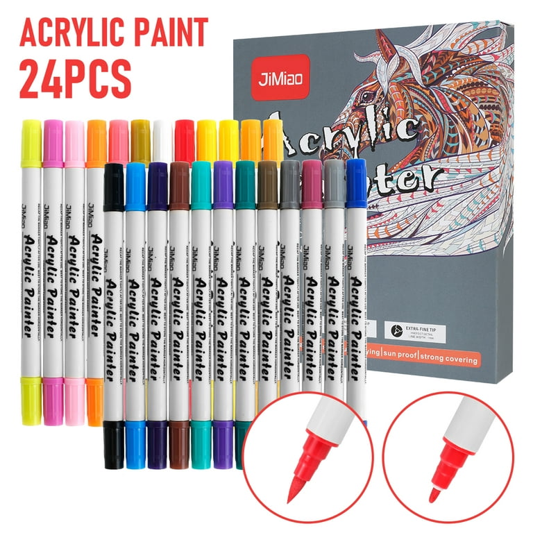 24 Pcs Acrylic Paint Pens Dual Tip Paint Pens with Fine Tip Brush Tip 24  Color Waterproof Acrylic Paint Marker for DIY Craft Rock Painting Stone  Ceramic Glass Canvas Metal 