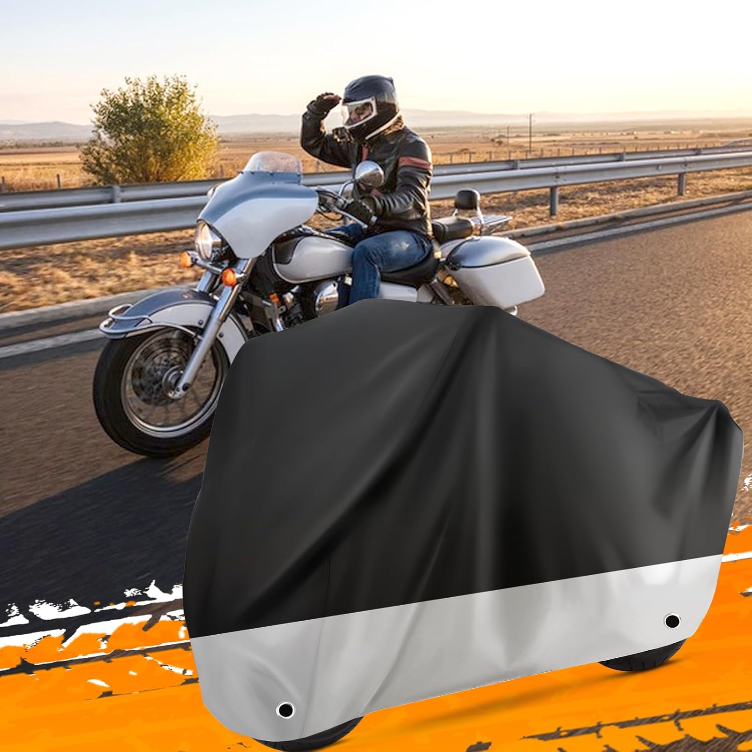chasenew Motorcycle Cover Waterproof Sun with Lock-Holes & Storage Bag Heavy Duty Material, Fits up to 104" Harley Davison and All Motors (XXL Black&Silvery)