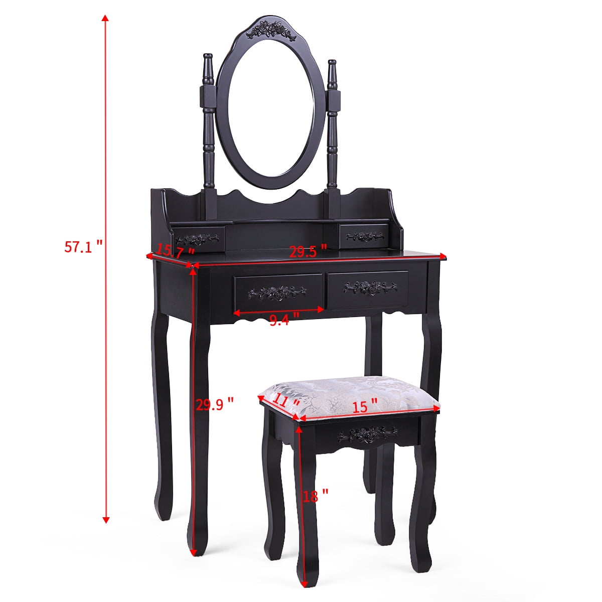Kepooman Mid Century Vanity Set, Makeup Vanity Desk with 4 Drawers / Oval Mirror / Cushioned Stool - Black Kepooman Mid Century Vanity Set, Makeup Vanity Desk with 4 Drawers / Oval Mirror / Cushioned Stool - Black
