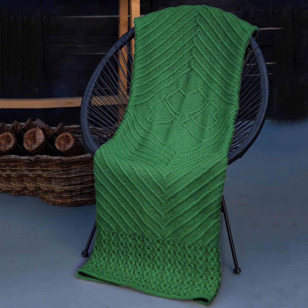 SAOL Irish Throw with Shamrock 100 Merino Wool Aran Cable Knitted