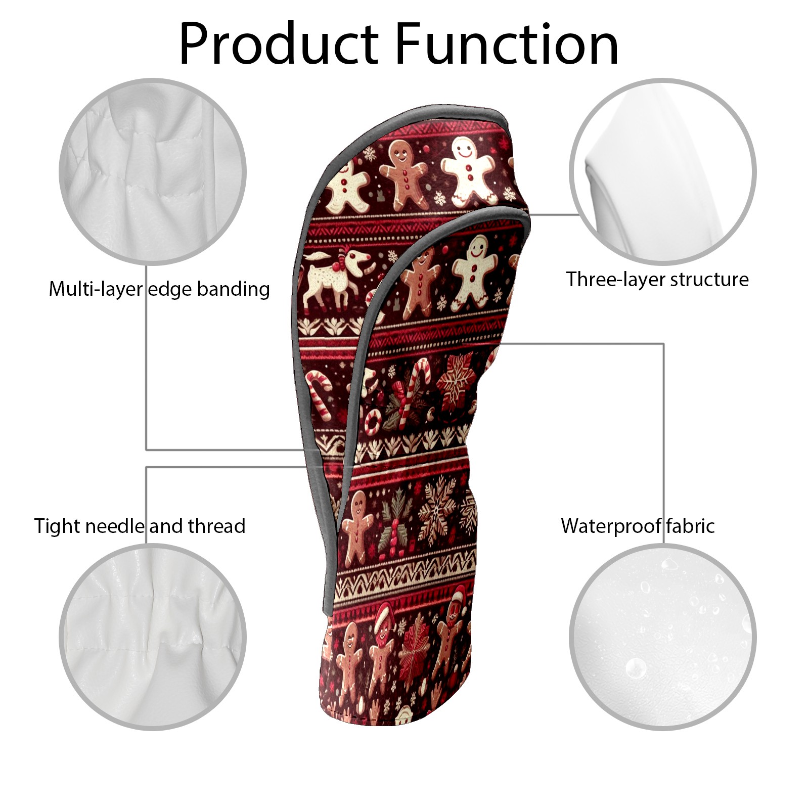 Golf Club Covers, Red Xmas Gingerbread Premium PU Leather Driver Hybrid Putter Head Covers with Velvet Lining, Waterproof Golf Gifts for Men Women