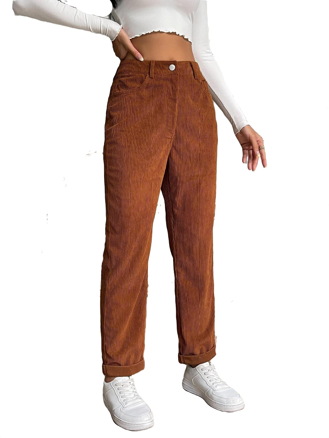 Casual Plain Straight Leg Brown Women's Pants (Women's)