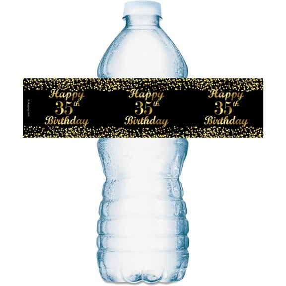 35th Birthday Black Water Bottle Labels; Set of 20 Waterproof Water Bottle Wrappers; Gold and Black Stickers. Happy Birthday Labels