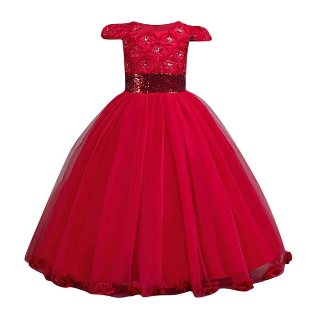 HXWCHs Robe Tutu Élégante à Manches Longues avec Garniture en Dentelle Robe de Soirée Robe Formelle pour Filles Rouge 9-10 Ans