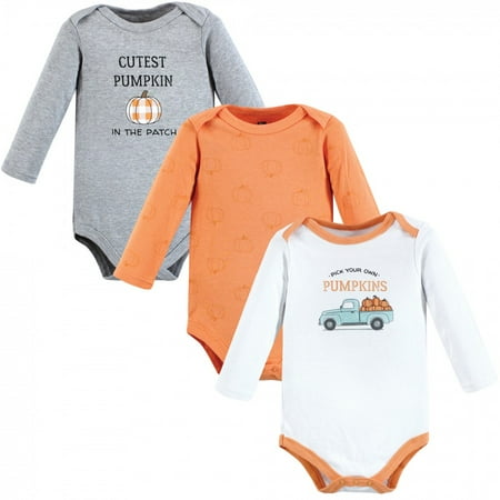 

Hudson Baby Infant Boy Cotton Long-Sleeve Bodysuits Pumpkin Truck 3-Pack 3-6 Months