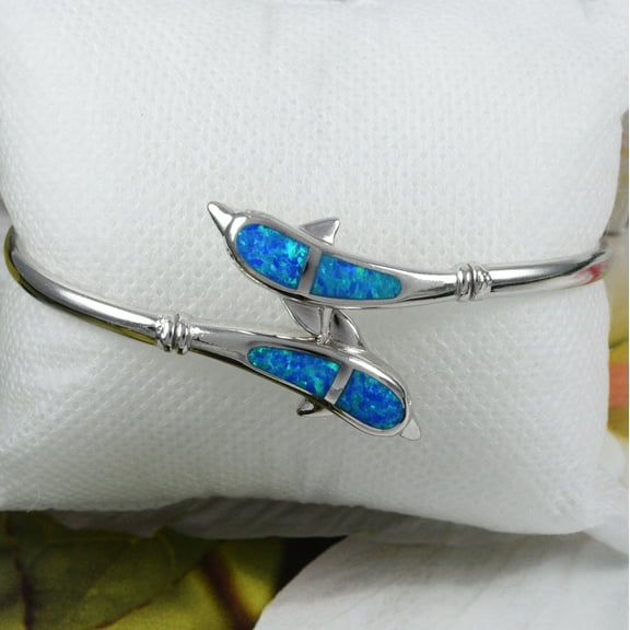 Unique Gorgeous Hawaiian X-Large Blue Opal 2 Dolphin Bangle Bracelet, Sterling Silver Blue Opal Dolphin Bracelet, B3348 Statement PC