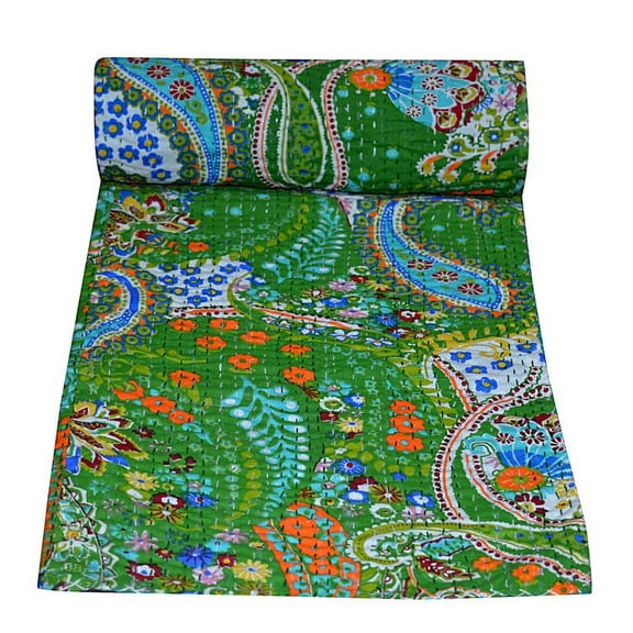 Indian kantha Quilt Vintage Gudari Bedspread Bedding Blanket Throw Paisley Print Green Colour Bed Cover 100% Cotton Bohemian Home décor Double Size