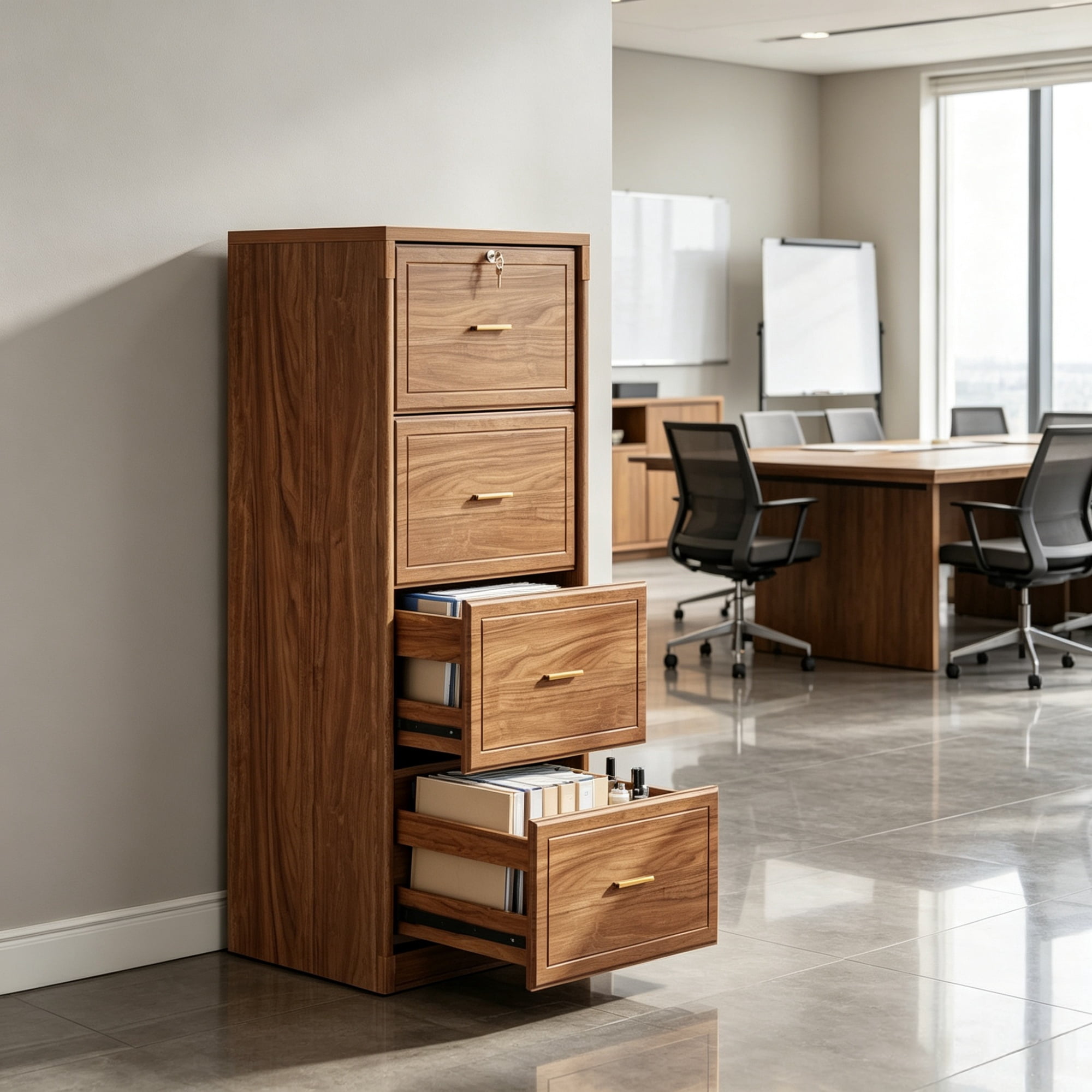 Astoutdoor Vertical File Cabinet with 4 Storage Drawers, MDF Office Filing Cabinet, 54.92 in Long